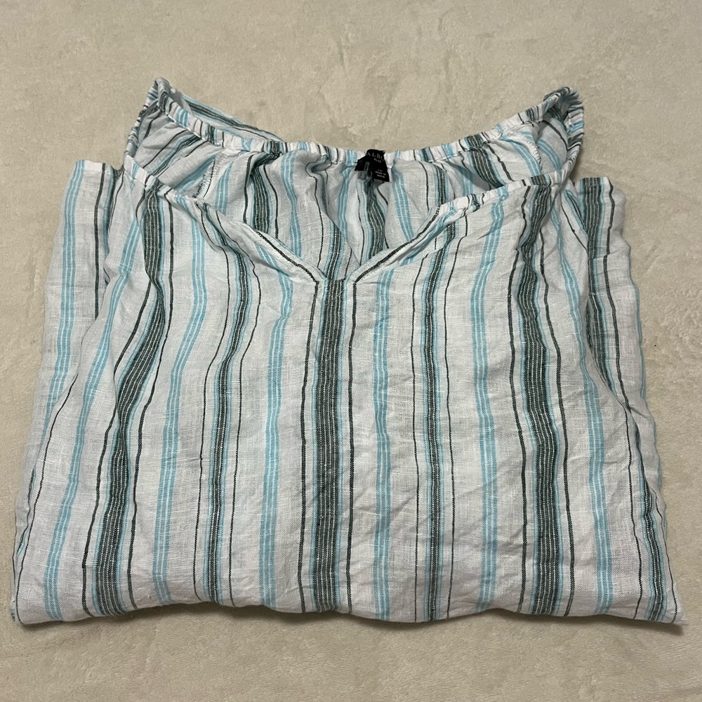 Talbots 100% Linen Striped Peasant Blouse